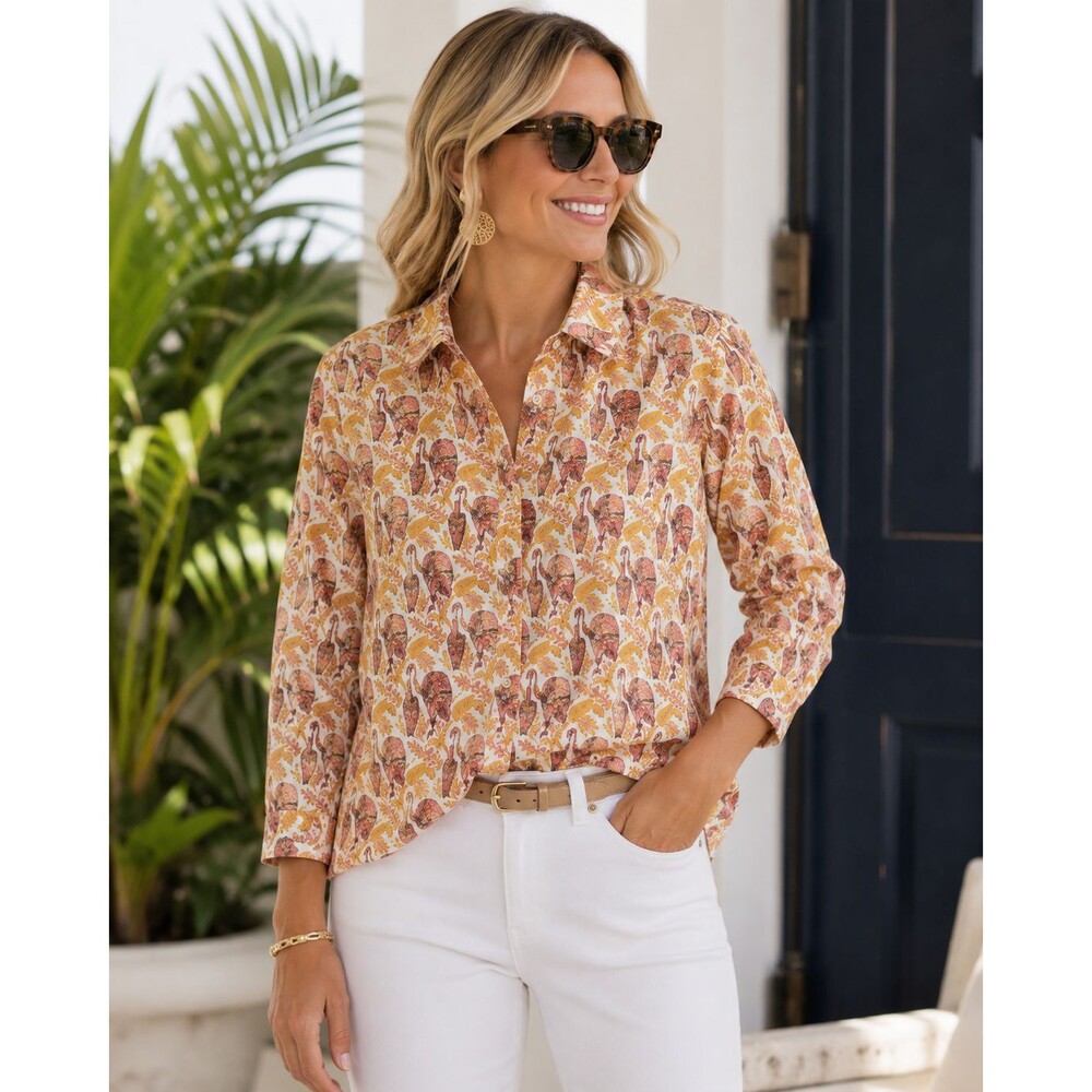 J. McLaughlin Lois Blouse Button Front Tropical Peacock Print Size Small Casual